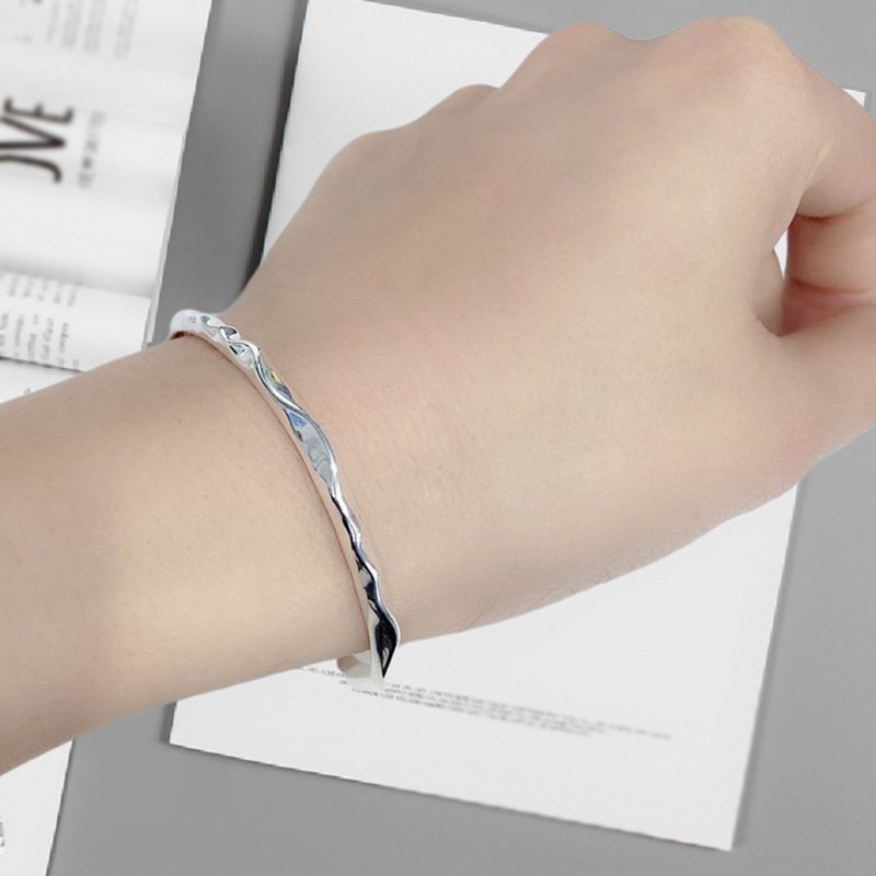 Textured Wave Open Cuff Bracelet – Silver Look Minimal Kada - Image 2