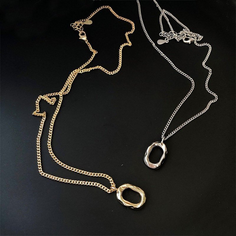 Hammered Oval Pendant Necklace – Dual Tone Minimal Chain - Image 8