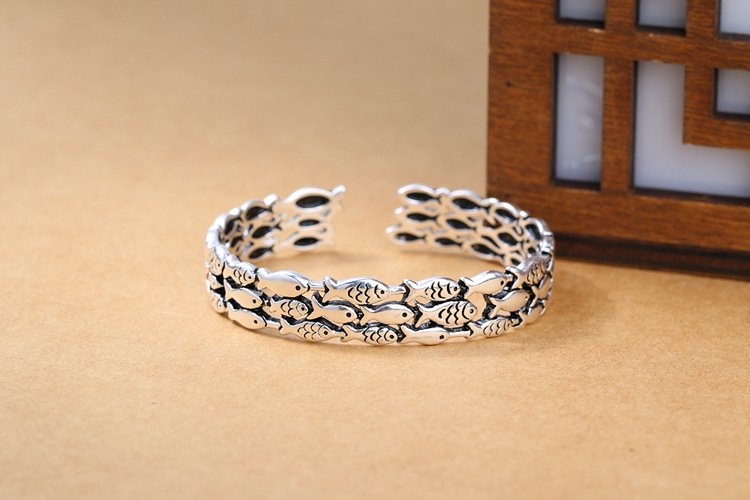 Ocean Fish Pattern Open Cuff Bracelet – Oxidised Finish Statement kada - Image 3