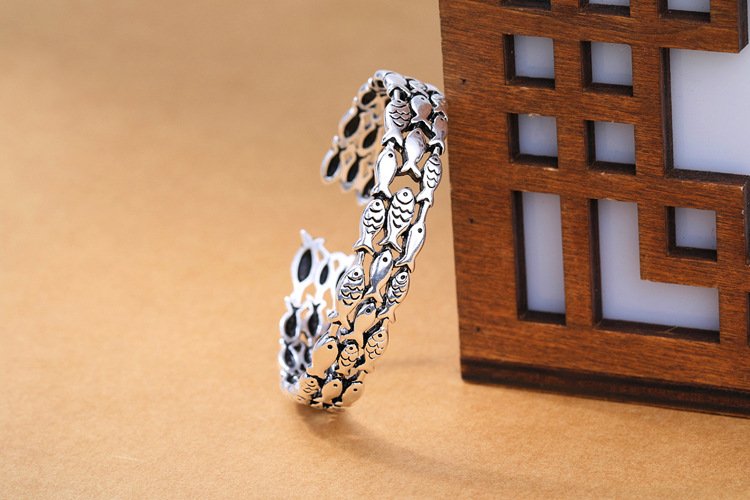 Ocean Fish Pattern Open Cuff Bracelet – Oxidised Finish Statement kada - Image 4