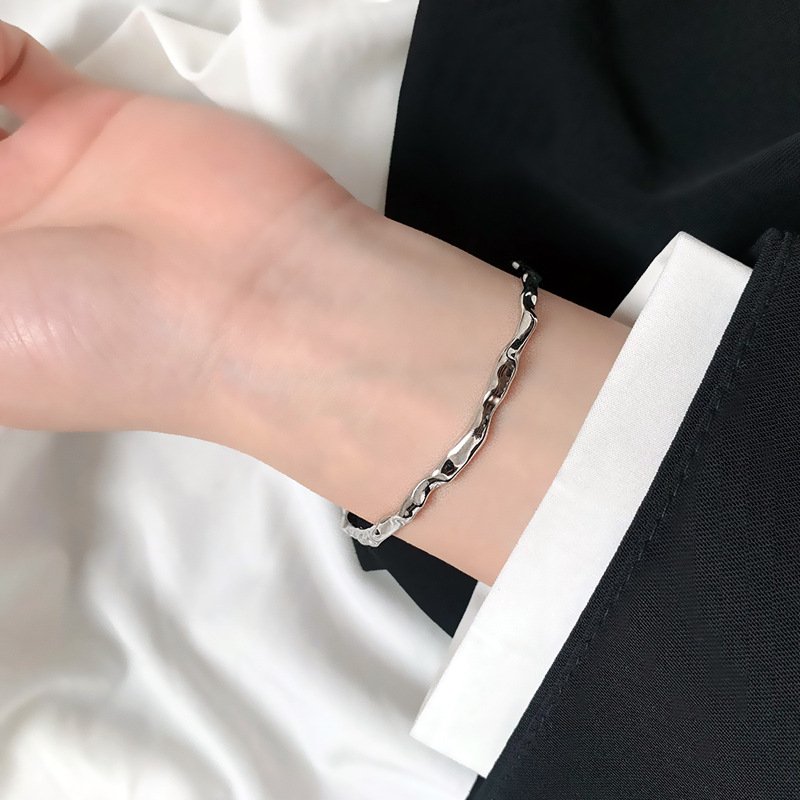 Textured Wave Open Cuff Bracelet – Silver Look Minimal Kada - Image 9