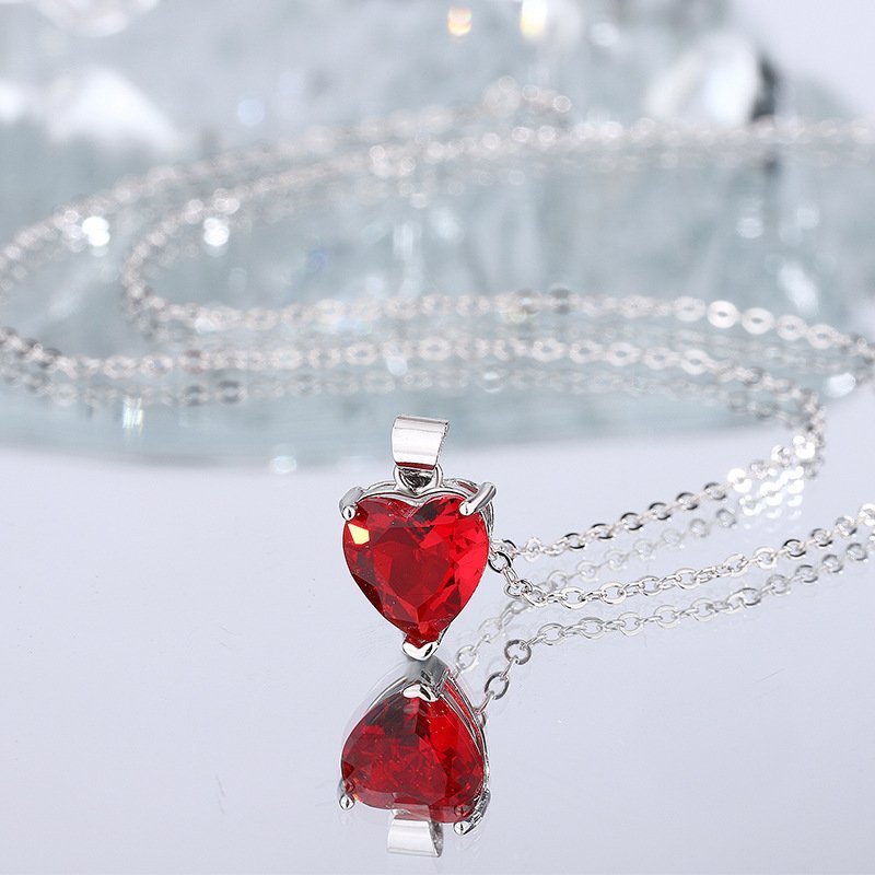 Ruby Heart Crystal Pendant Necklace – Silver Style Romantic Chain