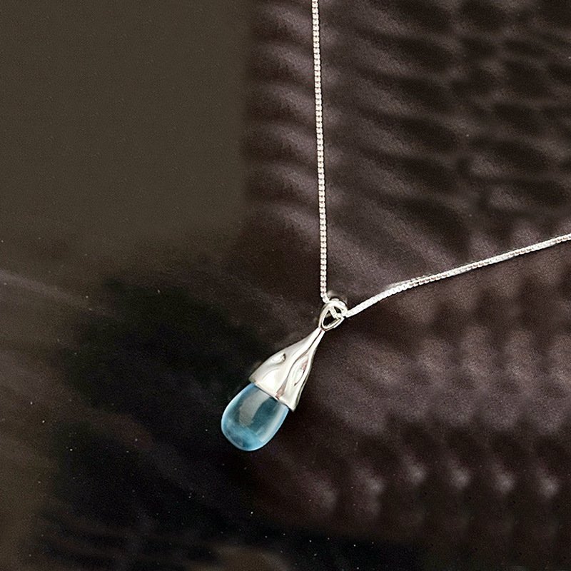 Aqua Teardrop Pendant Necklace – Silver Plated Minimal Chain