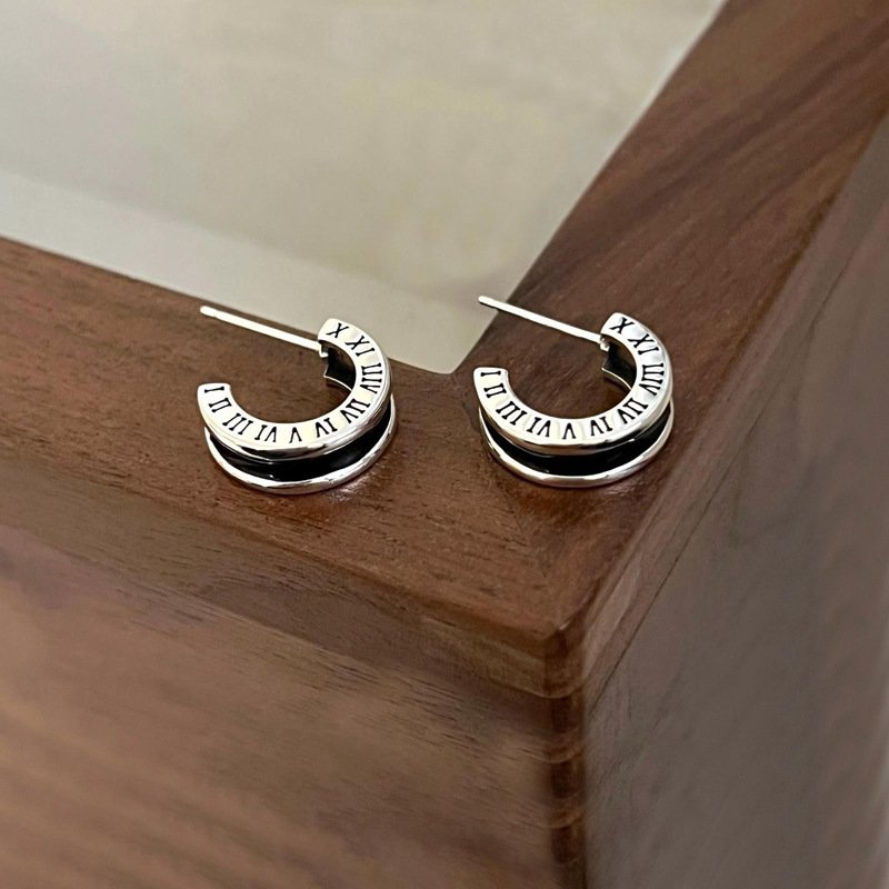 Roman Numeral Half Hoop Earrings – Silver Tone Minimal Studs