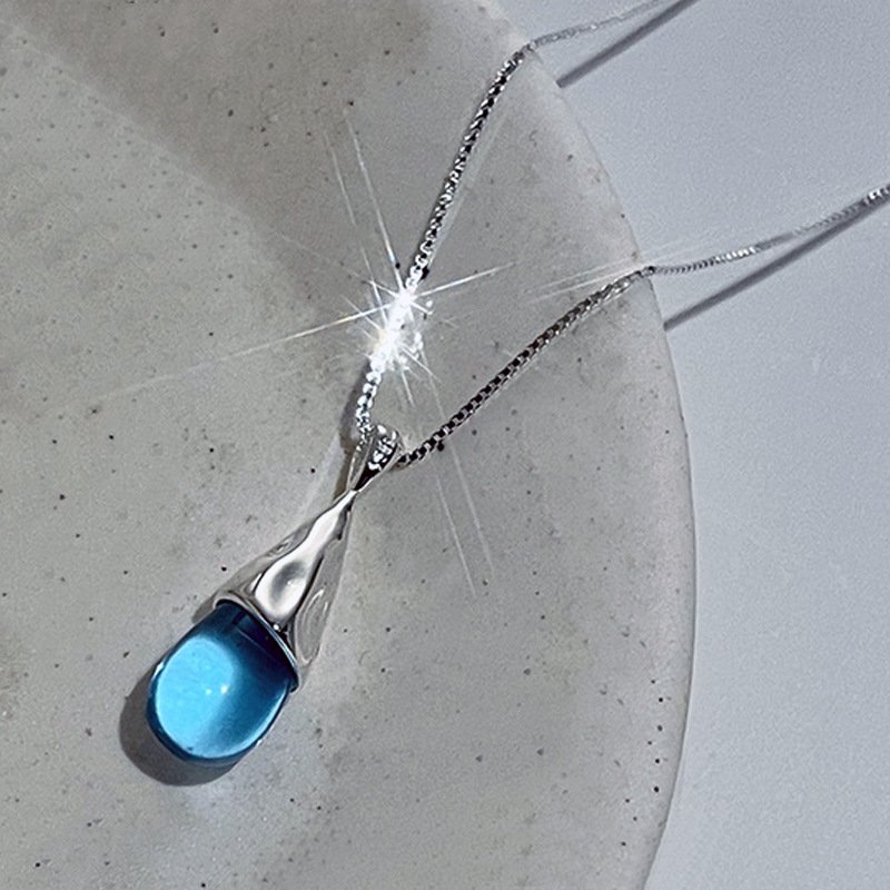 Aqua Teardrop Pendant Necklace – Silver Plated Minimal Chain - Image 4