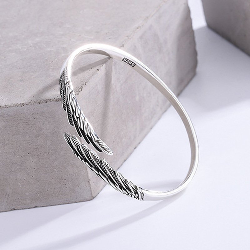 Dual Feather Adjustable Bracelet – Oxidised Silver Cuff Design - Image 3