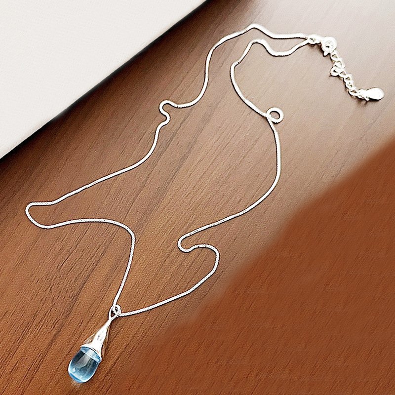 Aqua Teardrop Pendant Necklace – Silver Plated Minimal Chain - Image 6