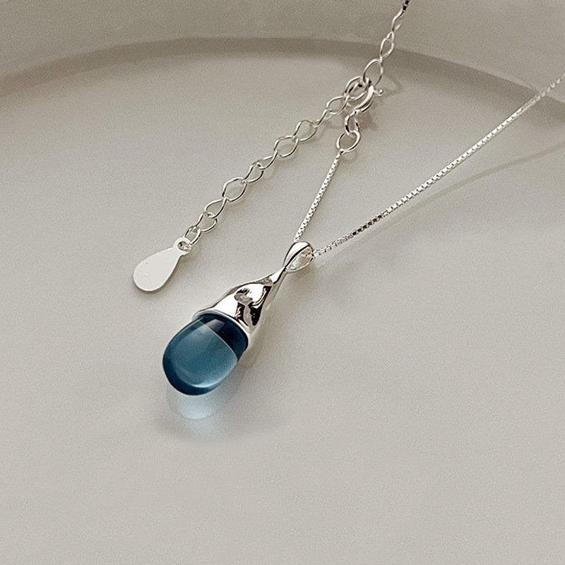 Aqua Teardrop Pendant Necklace – Silver Plated Minimal Chain - Image 7