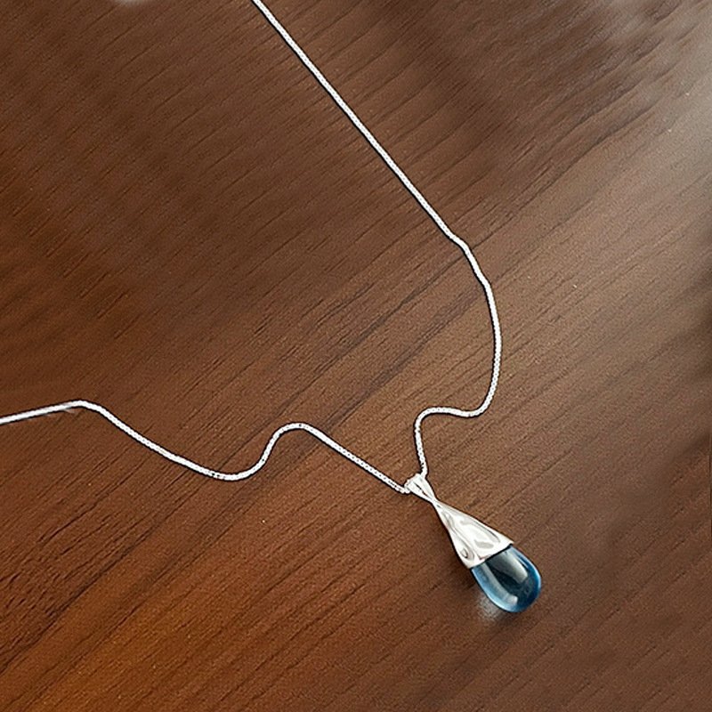 Aqua Teardrop Pendant Necklace – Silver Plated Minimal Chain - Image 8