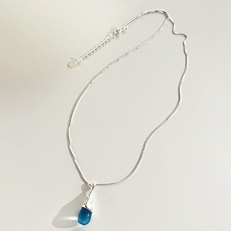 Aqua Teardrop Pendant Necklace – Silver Plated Minimal Chain - Image 9